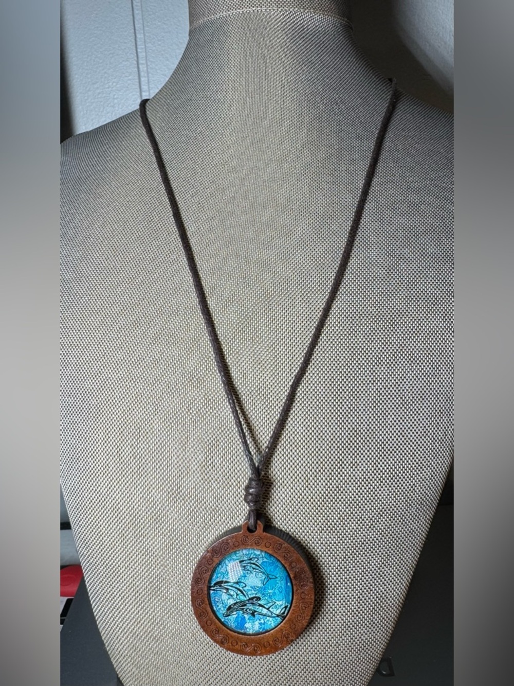Round Wooden Pendant Necklace with Turquoise Blue Inlay